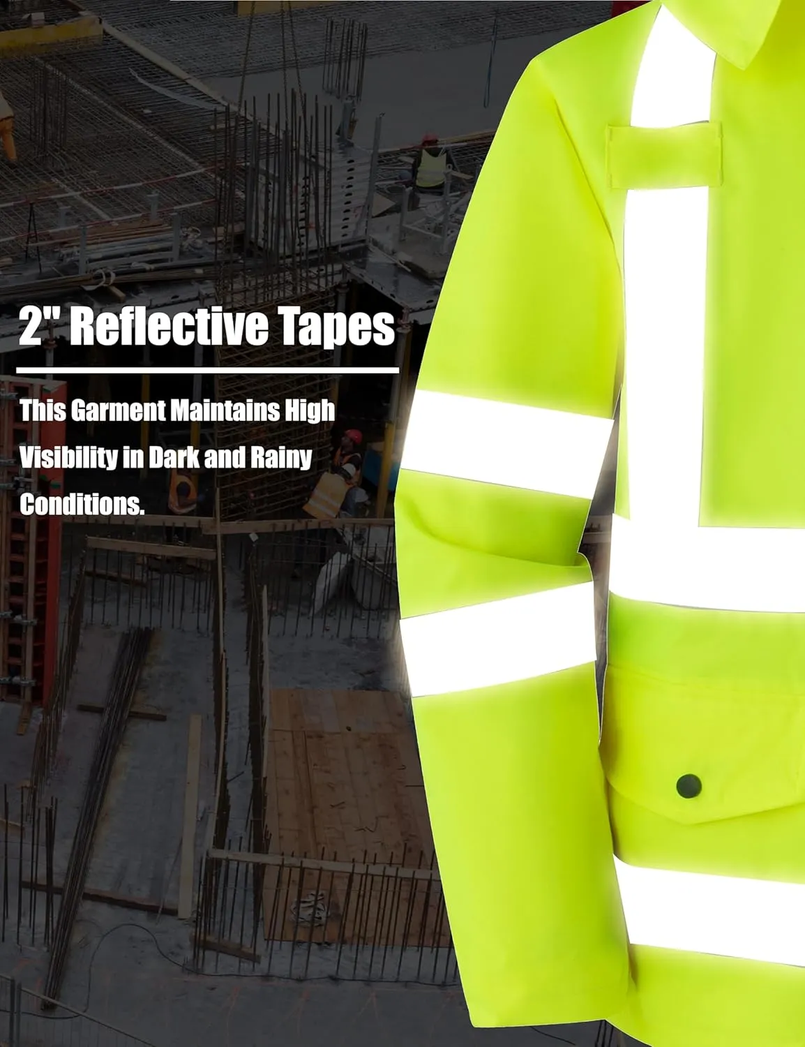 Ubon Men's Reflective Rain Jacket, Waterproof Hi Vis Rain Coat Safety High Visibility Raincoat with Detachable Hood