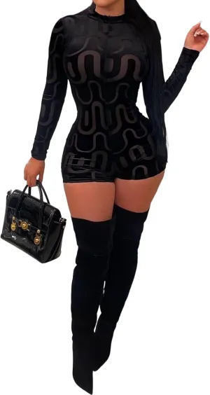 Uni Clau Women Sexy See Through Long Sleeve Short Jumpsuits Sheer Mesh Tie Dye Skinny Pants Club Rompers