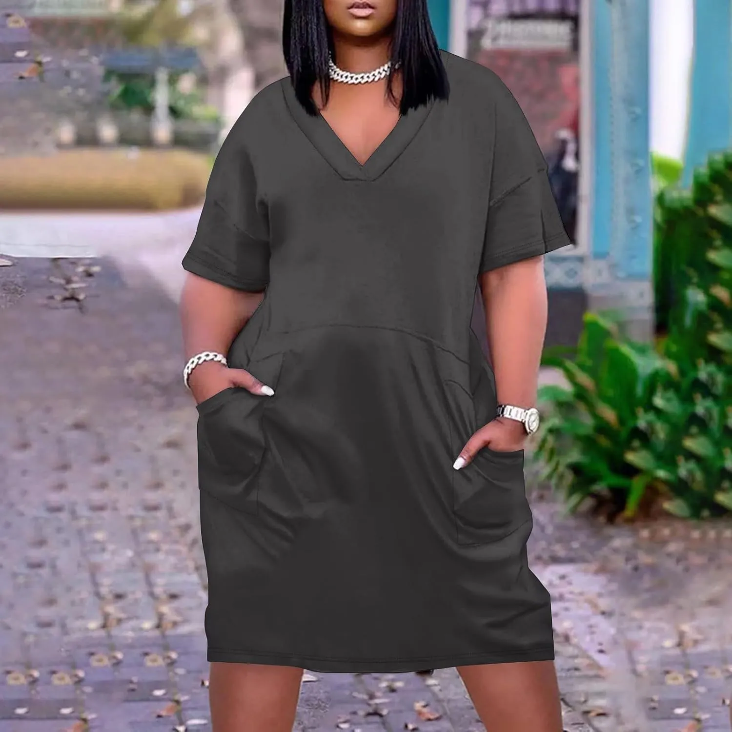 V Neck Dress for Women Plus Size Casual Short Sleeve Midi Shift Dresses with Pockets Summer Beach Vacation Comfy Dress