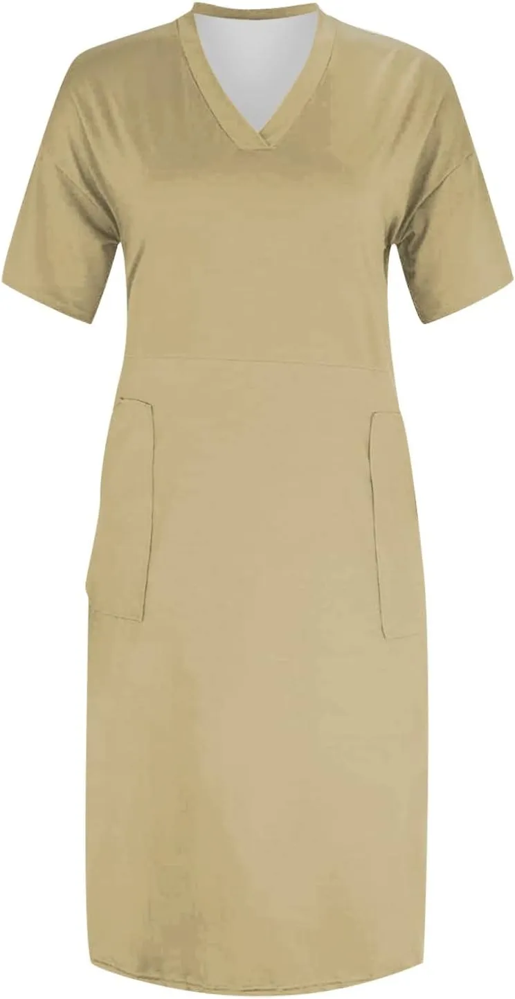 V Neck Dress for Women Plus Size Casual Short Sleeve Midi Shift Dresses with Pockets Summer Beach Vacation Comfy Dress