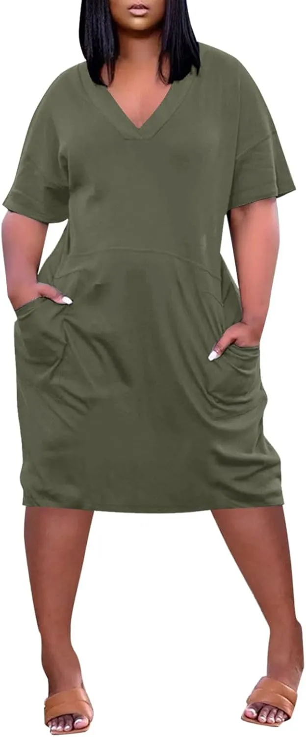 V Neck Dress for Women Plus Size Casual Short Sleeve Midi Shift Dresses with Pockets Summer Beach Vacation Comfy Dress