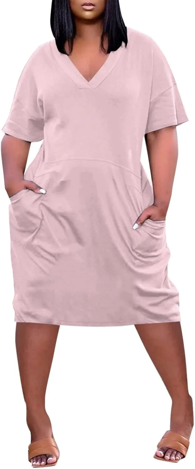 V Neck Dress for Women Plus Size Casual Short Sleeve Midi Shift Dresses with Pockets Summer Beach Vacation Comfy Dress