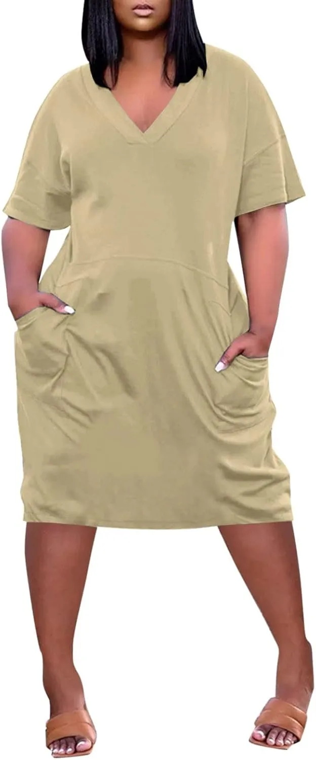 V Neck Dress for Women Plus Size Casual Short Sleeve Midi Shift Dresses with Pockets Summer Beach Vacation Comfy Dress