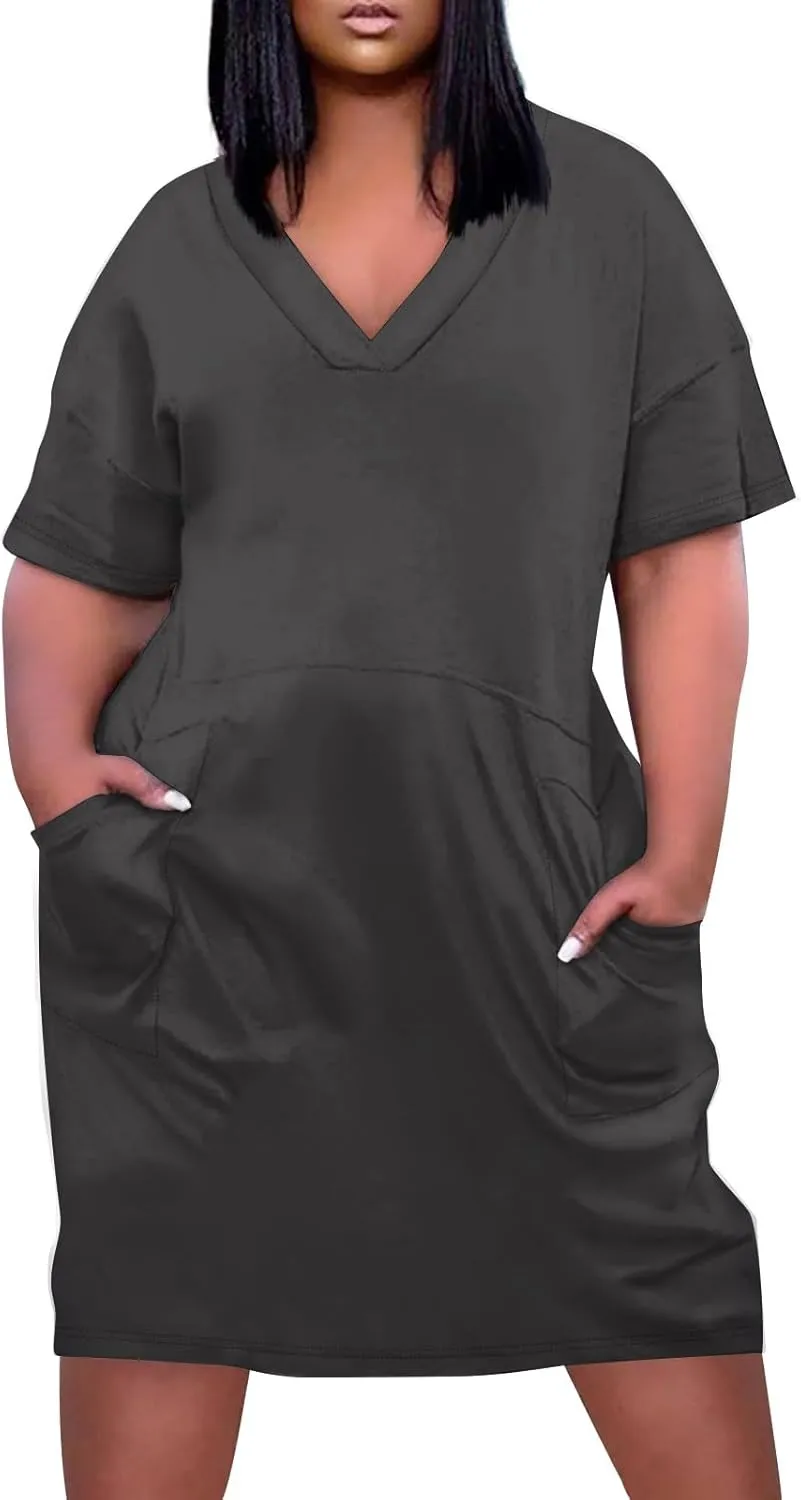 V Neck Dress for Women Plus Size Casual Short Sleeve Midi Shift Dresses with Pockets Summer Beach Vacation Comfy Dress