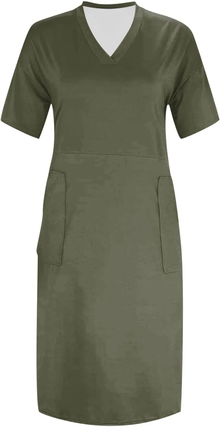V Neck Dress for Women Plus Size Casual Short Sleeve Midi Shift Dresses with Pockets Summer Beach Vacation Comfy Dress