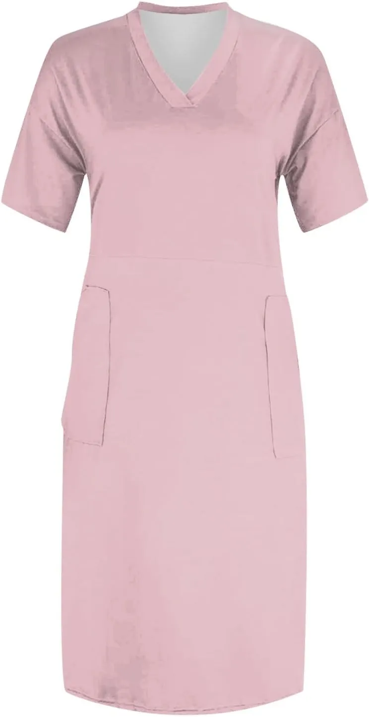 V Neck Dress for Women Plus Size Casual Short Sleeve Midi Shift Dresses with Pockets Summer Beach Vacation Comfy Dress