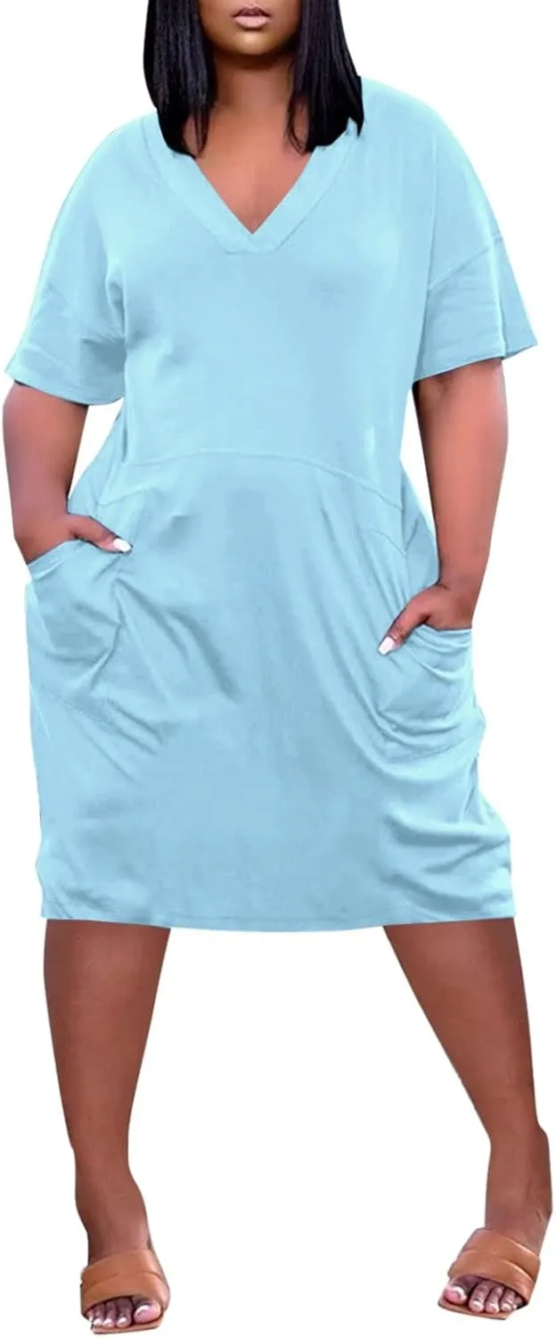 V Neck Dress for Women Plus Size Casual Short Sleeve Midi Shift Dresses with Pockets Summer Beach Vacation Comfy Dress