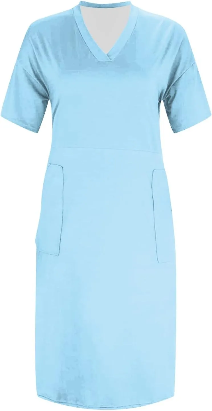 V Neck Dress for Women Plus Size Casual Short Sleeve Midi Shift Dresses with Pockets Summer Beach Vacation Comfy Dress