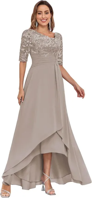 V-Neck Lace Mother of The Bride Dresses for Wedding Tea Length Half Sleeve Long Chiffon Formal Evening Gown