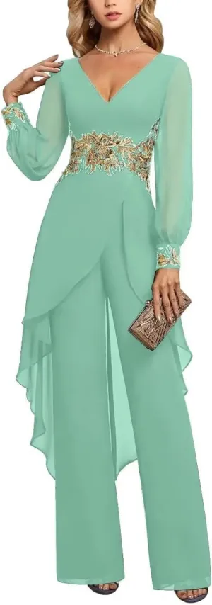 V-Neck Mother of The Bride Pant Suits for Women Asymmetrical High Low Grandmother of The Groom Jumpsuit