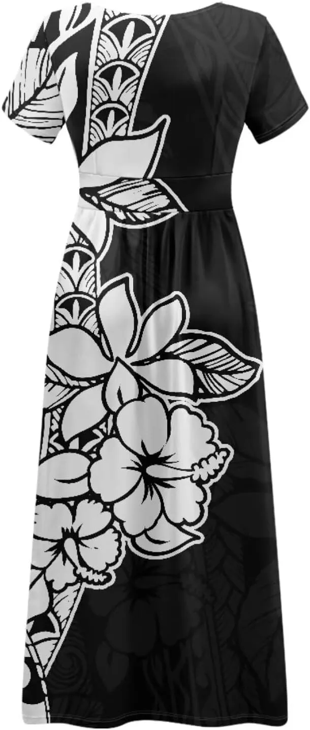 V-Neck Short Sleeve Maxi Dresses for Women Ankle Length Floral Print Beach Long Flowy Dress with Pockets