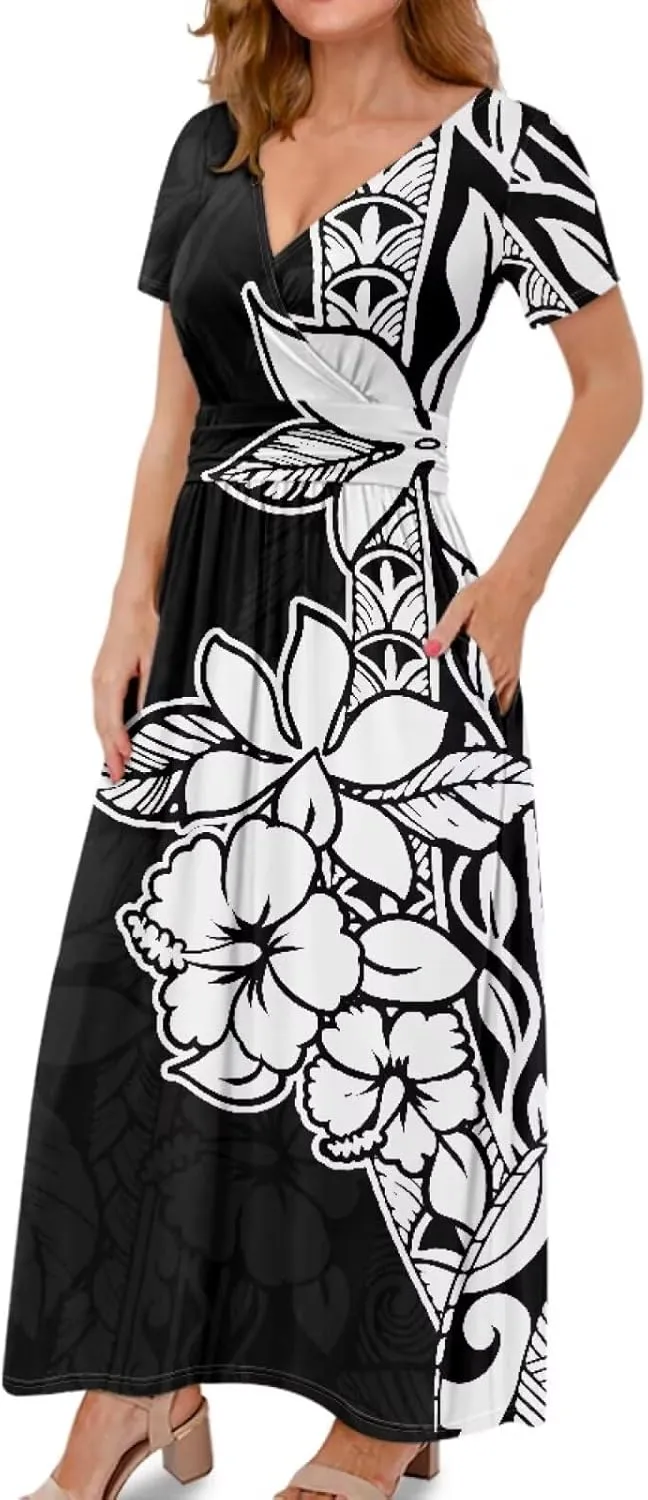 V-Neck Short Sleeve Maxi Dresses for Women Ankle Length Floral Print Beach Long Flowy Dress with Pockets