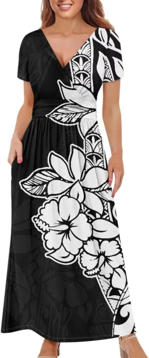 V-Neck Short Sleeve Maxi Dresses for Women Ankle Length Floral Print Beach Long Flowy Dress with Pockets