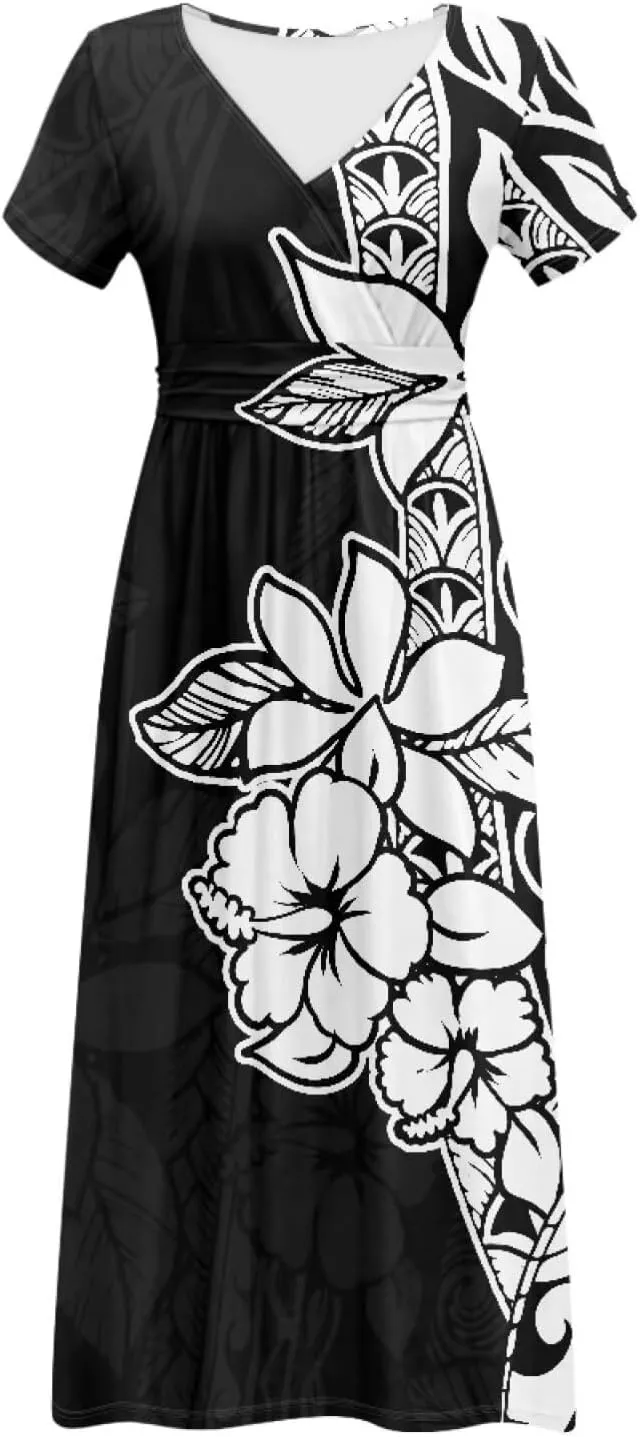 V-Neck Short Sleeve Maxi Dresses for Women Ankle Length Floral Print Beach Long Flowy Dress with Pockets