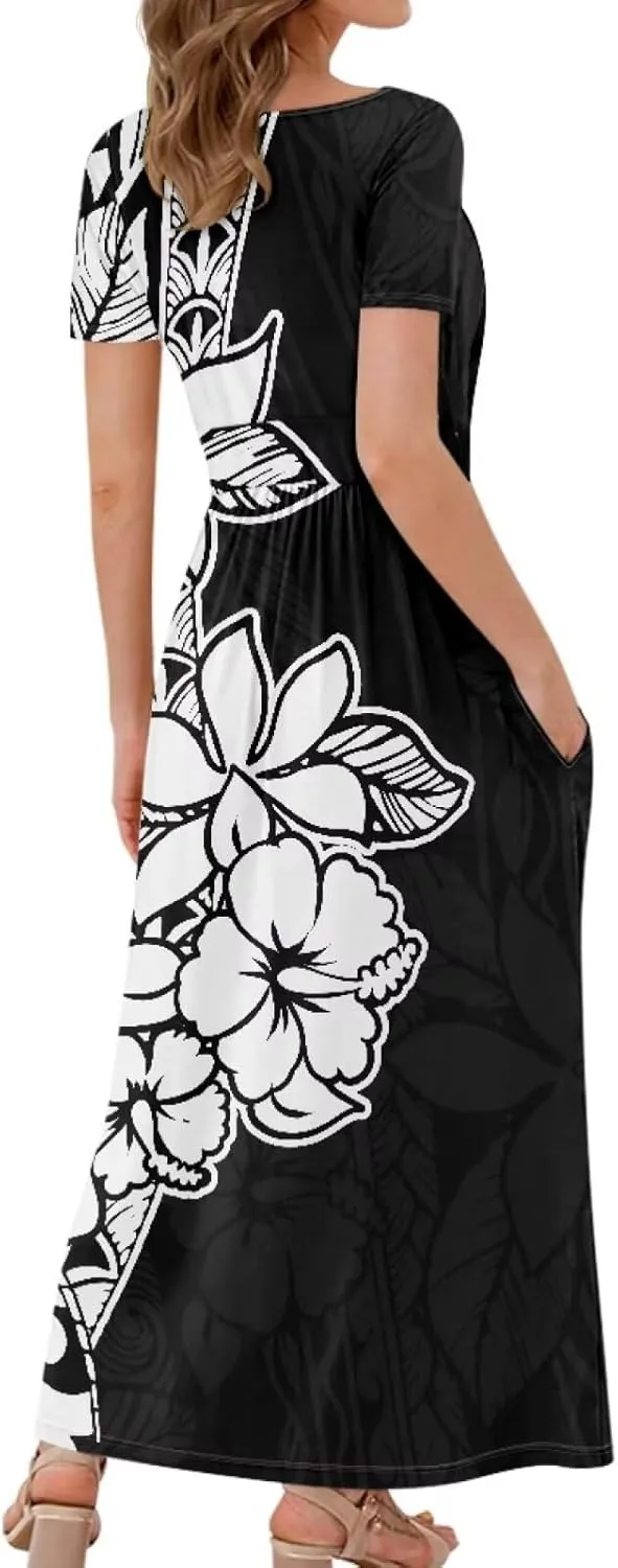 V-Neck Short Sleeve Maxi Dresses for Women Ankle Length Floral Print Beach Long Flowy Dress with Pockets