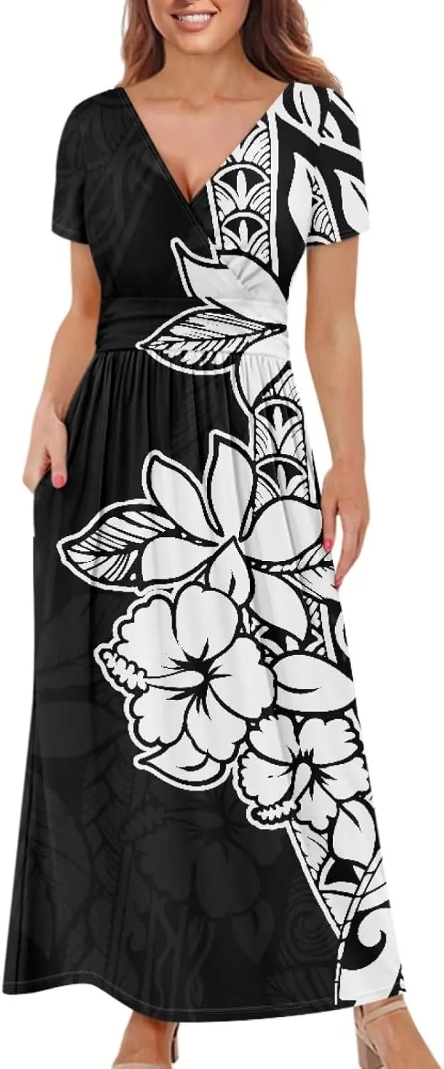 V-Neck Short Sleeve Maxi Dresses for Women Ankle Length Floral Print Beach Long Flowy Dress with Pockets