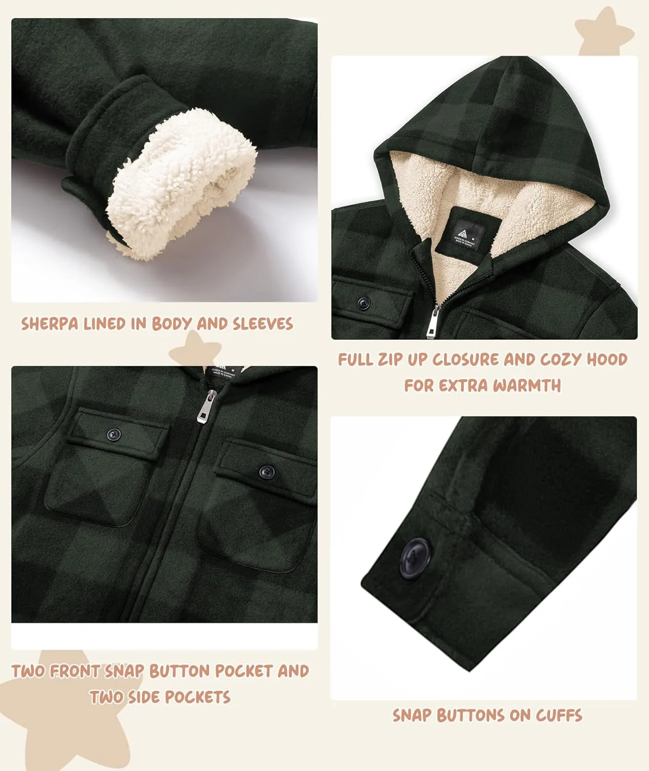 V VALANCH Boys Flannel Jacket Hooded Fleece Lined Zip-up Hoodies Plaid Coat for Kids
