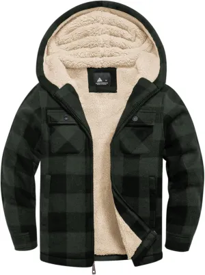 V VALANCH Boys Flannel Jacket Hooded Fleece Lined Zip-up Hoodies Plaid Coat for Kids