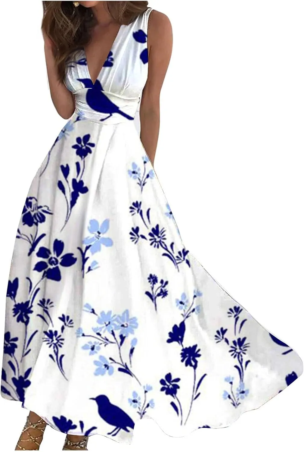 Vacation Dresses for Women Deep V Neck Floral Cute Long Dress Swing Casual Maxi Dresses Sleeveless Sexy Elegant Dress