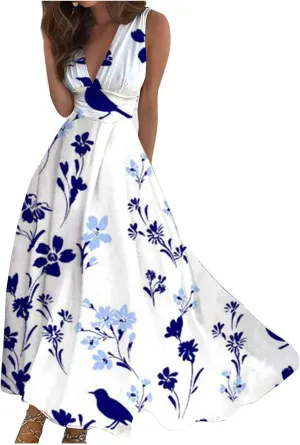 Vacation Dresses for Women Deep V Neck Floral Cute Long Dress Swing Casual Maxi Dresses Sleeveless Sexy Elegant Dress