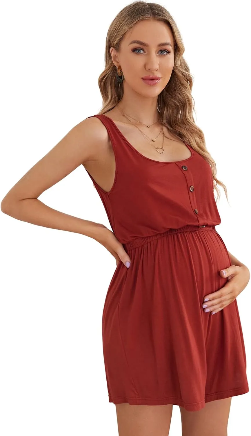 Verdusa Women's Maternity Scoop Neck Button Front High Waist Tank Romper