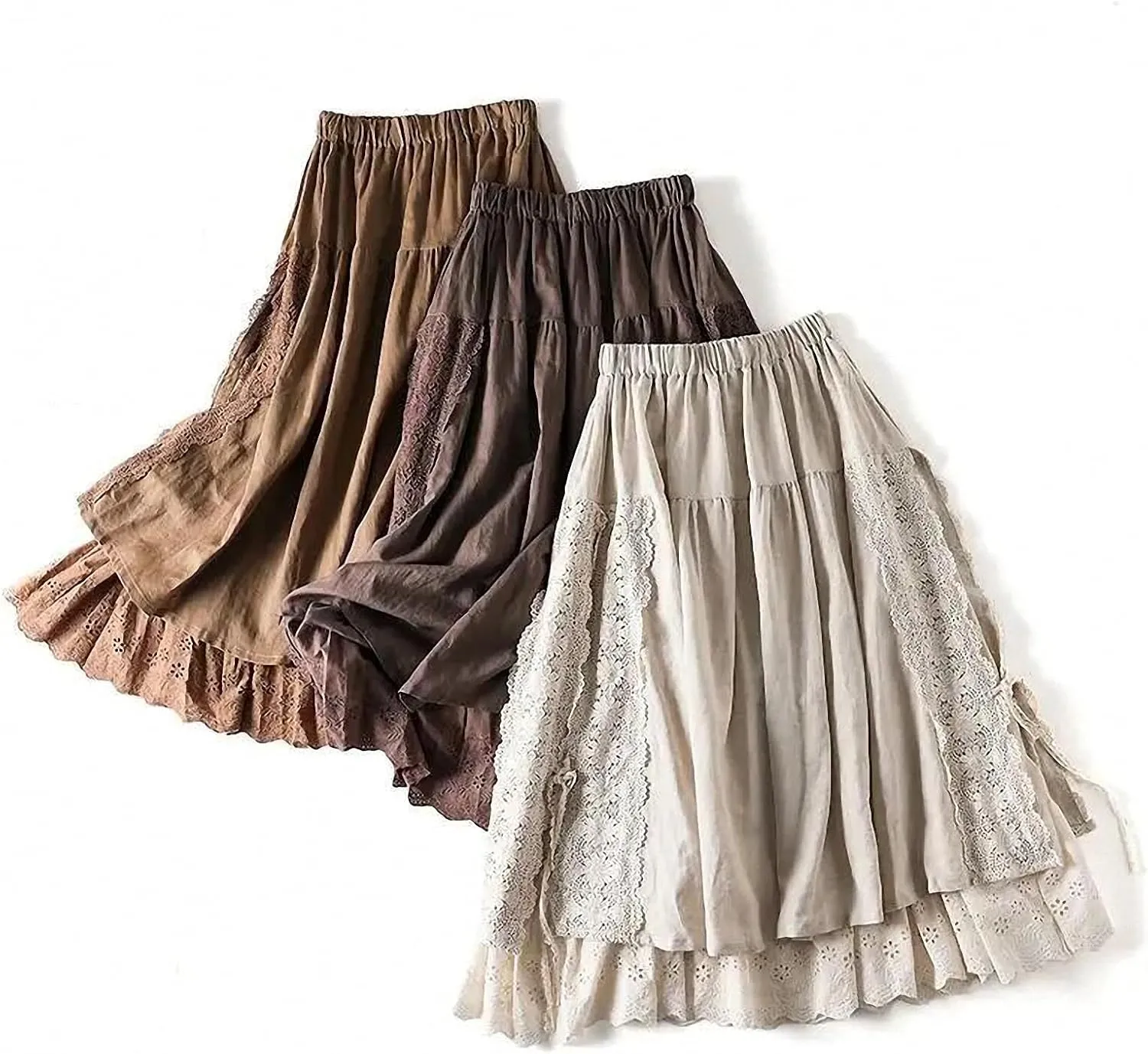 Vintage Embroidery Linen Cotton Long Skirts Women Summer Elastic High Waist Pleated Maxi Skirt Female A-Line Skirt
