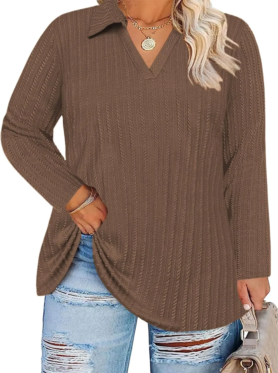 VISLILY Womens-Plus-Size-Tops-2025 Polo V Neck Shirts Lapel Collared Work Blouses Casual Long Sleeve Knit Tunics XL-5XL