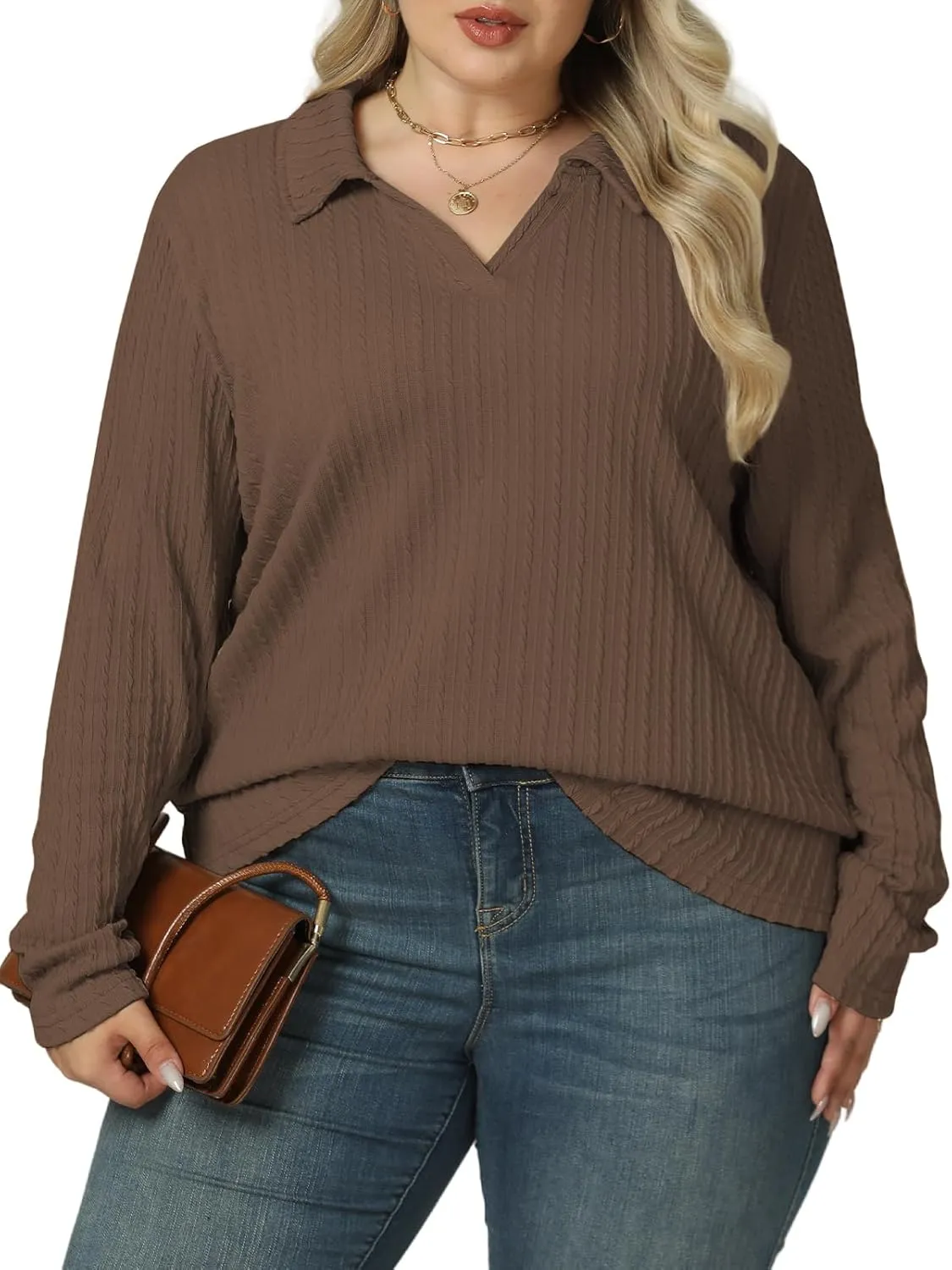 VISLILY Womens-Plus-Size-Tops-2025 Polo V Neck Shirts Lapel Collared Work Blouses Casual Long Sleeve Knit Tunics XL-5XL