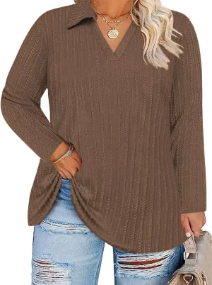 VISLILY Womens-Plus-Size-Tops-2025 Polo V Neck Shirts Lapel Collared Work Blouses Casual Long Sleeve Knit Tunics XL-5XL