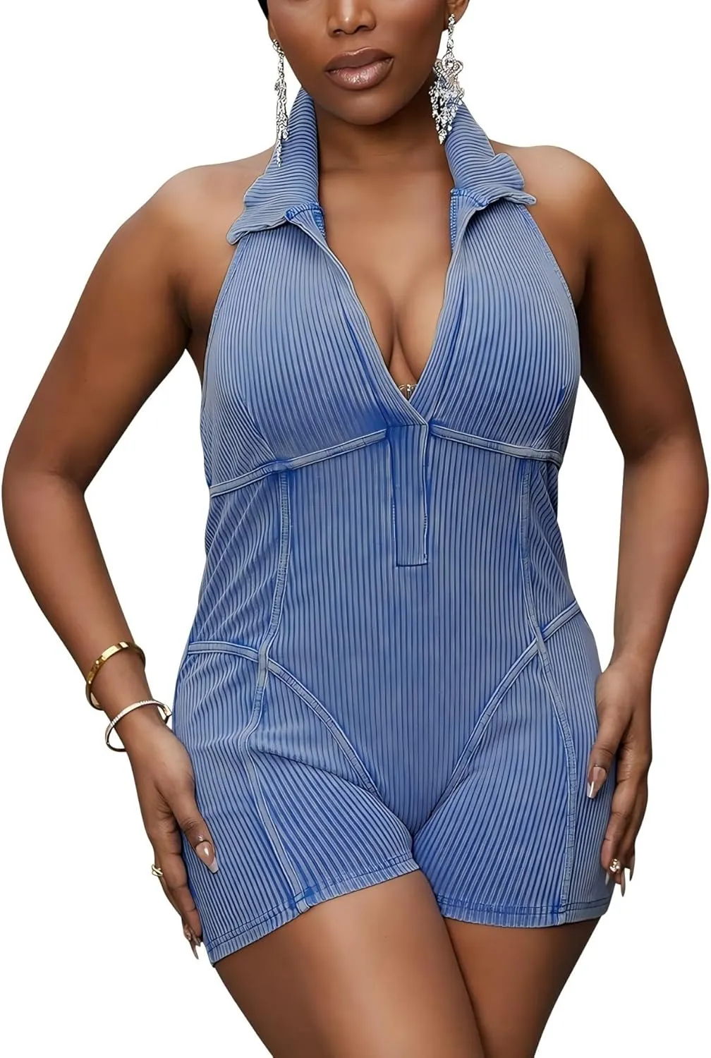 Voghtic Shorts Jumpsuit For Women Sexy Deep v-Neck Halter Backless Sleeveless Stretchy One Piece Rompers Club Outfit
