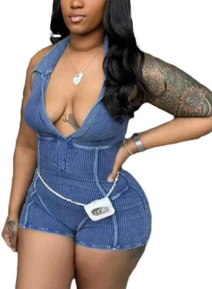 Voghtic Shorts Jumpsuit For Women Sexy Deep v-Neck Halter Backless Sleeveless Stretchy One Piece Rompers Club Outfit