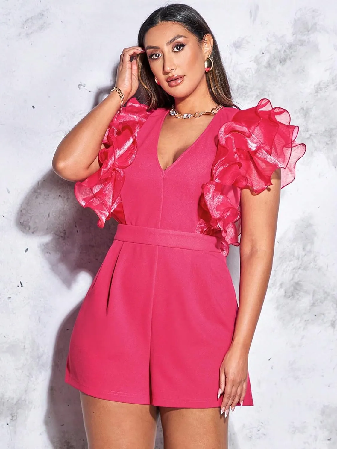 WDIRARA Women's Mesh Layered Ruffle Sleeve V Neck Pleated Solid Rompers Short Jumpsuits