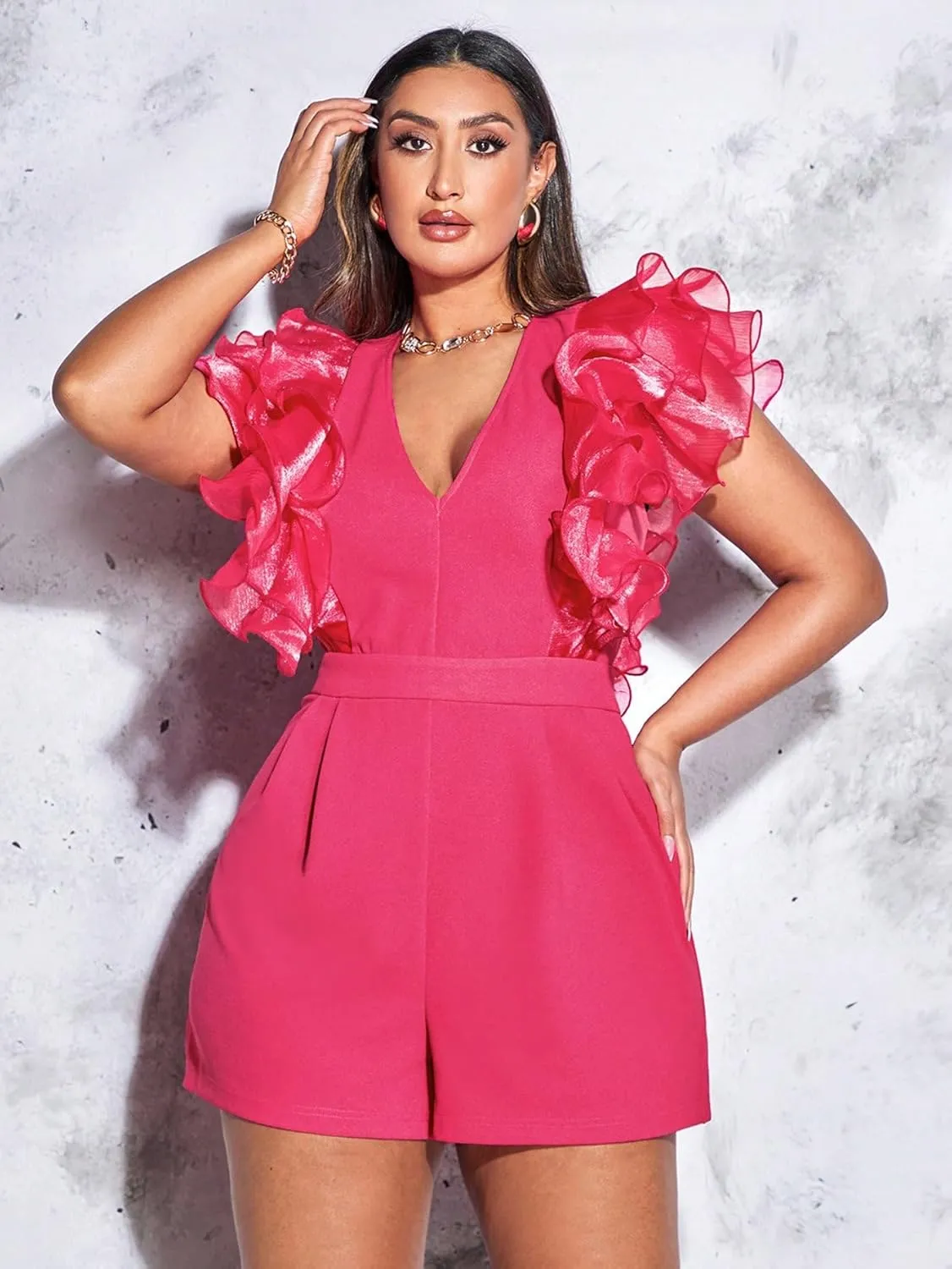 WDIRARA Women's Mesh Layered Ruffle Sleeve V Neck Pleated Solid Rompers Short Jumpsuits