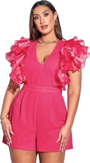 WDIRARA Women's Mesh Layered Ruffle Sleeve V Neck Pleated Solid Rompers Short Jumpsuits