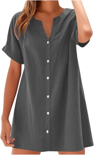 Women Button Down T Shirt Dress 2025 V-Neck Short Sleeve Mini Dress Business Casual Work Shift Dresses with Pockets