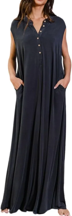 Women Casual Sleeveless Wide Leg Jumpsuits Loose fit One Piece Romper Long Pants Button Up Rompers with Pockets