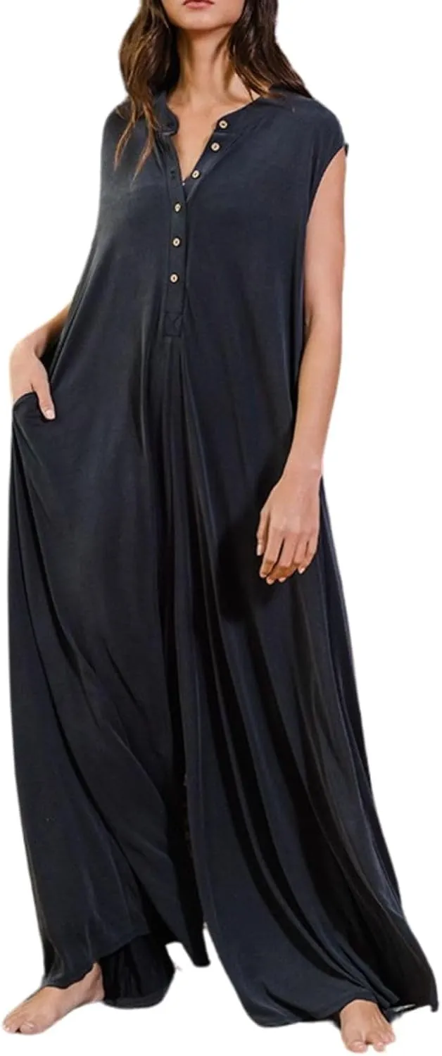 Women Casual Sleeveless Wide Leg Jumpsuits Loose fit One Piece Romper Long Pants Button Up Rompers with Pockets