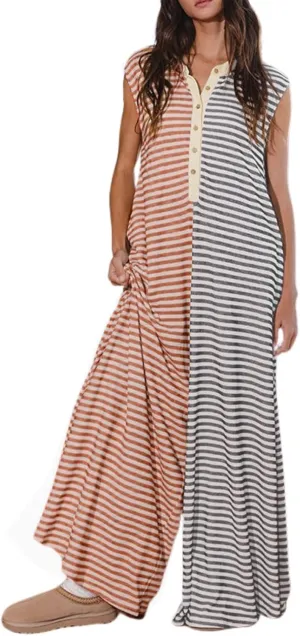 Women Casual Striped Sleeveless Tank Jumpsuits Color Block Wide Leg Romper Comfy Button Down Rompers