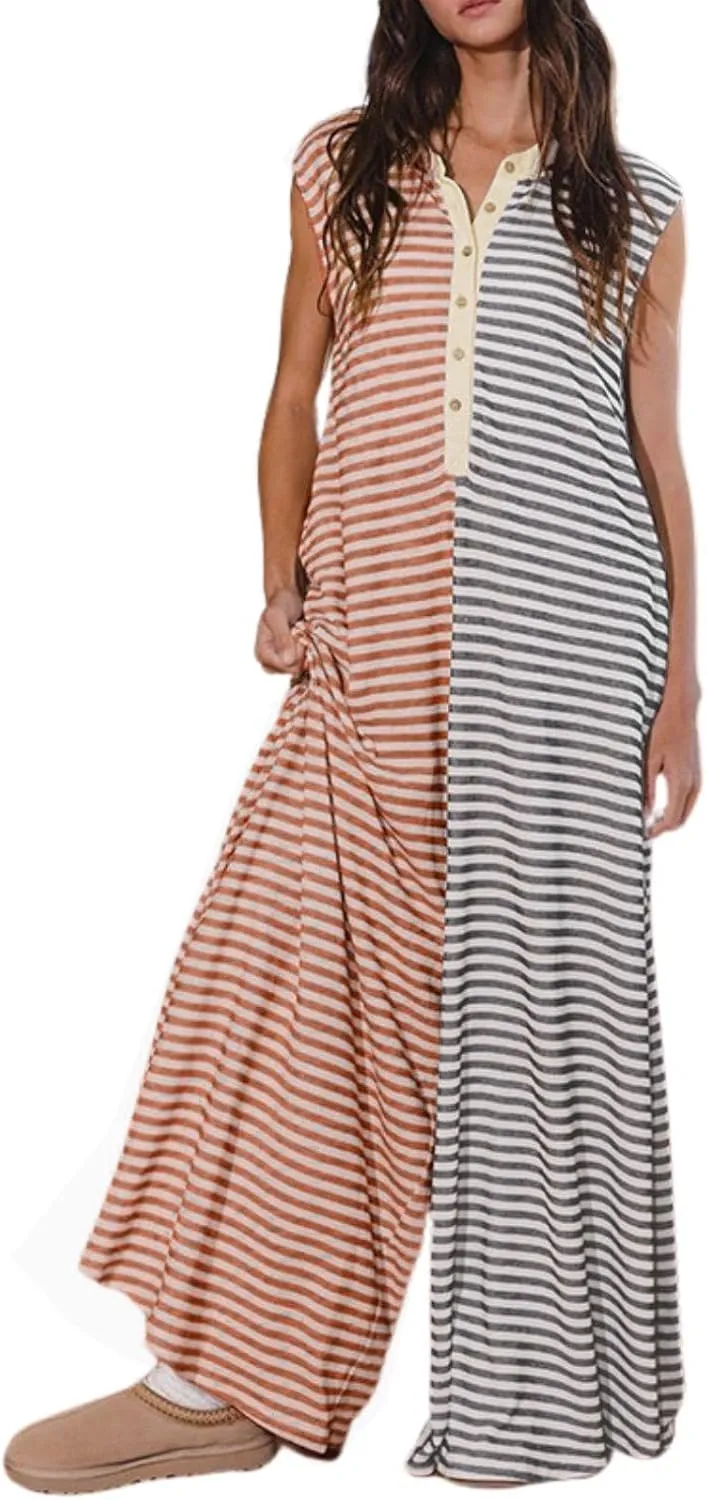 Women Casual Striped Sleeveless Tank Jumpsuits Color Block Wide Leg Romper Comfy Button Down Rompers