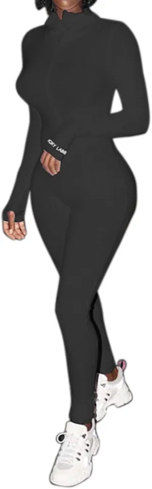 Women Embroidery Zipper High Neck Bodycon Jumpsuit Outfit Long Sleeve Rompers