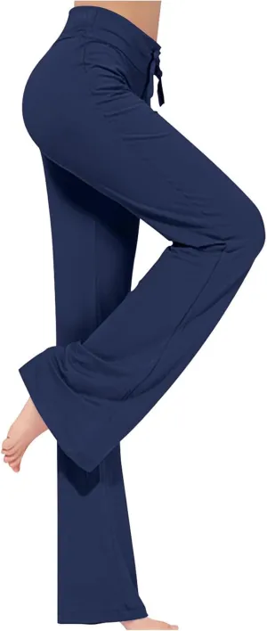 Women High Waist Yoga Trousers Solid Color Wide Leg Drawstring Casual Leggings Trendy Going Out Workout Yoga Pants