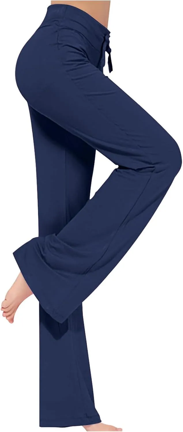 Women High Waist Yoga Trousers Solid Color Wide Leg Drawstring Casual Leggings Trendy Going Out Workout Yoga Pants