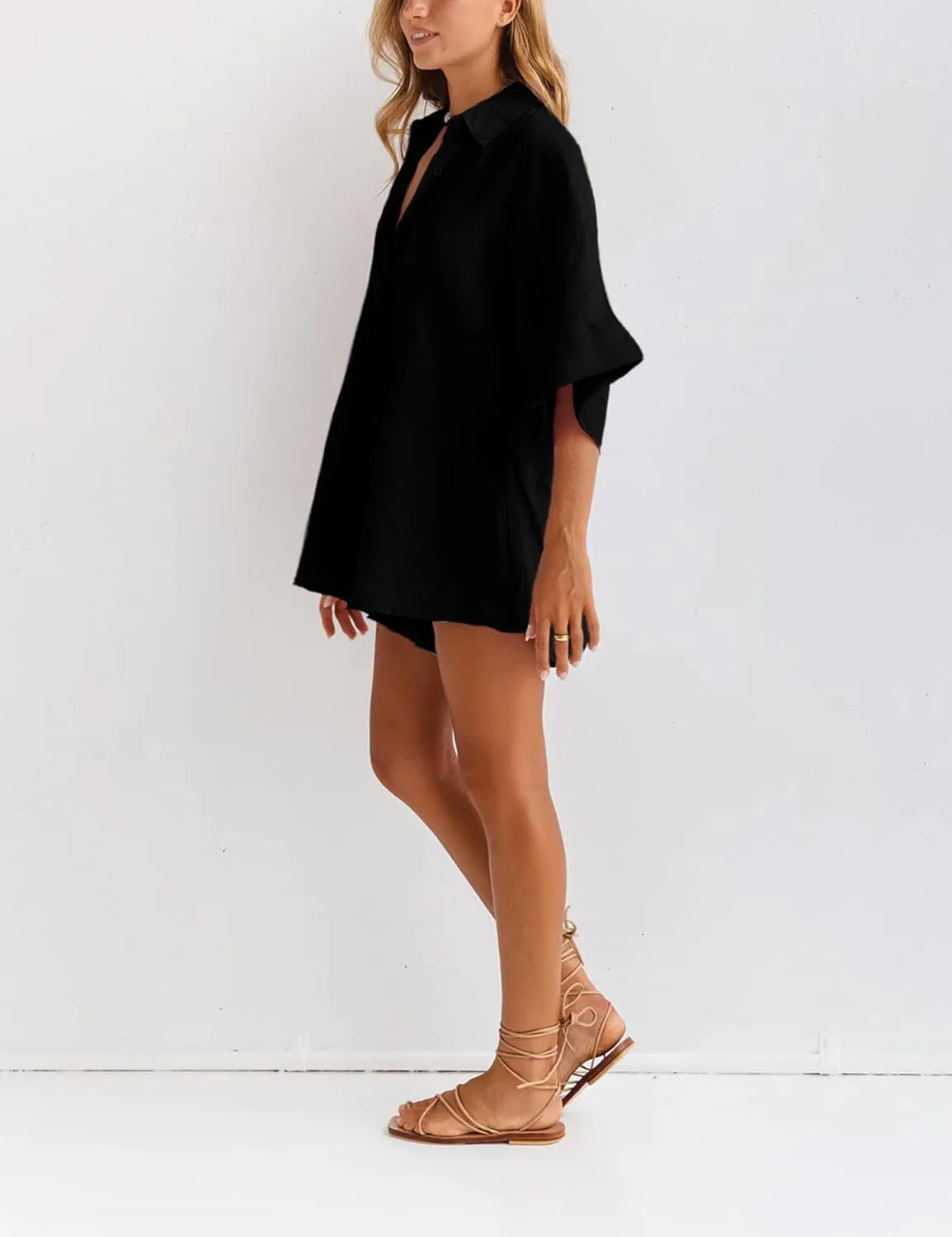 Women One Piece Jumpsuit V-Neck Half Button Collared Rompers Short Sleeve Onesie Playsuit Loose Overalls for Summer