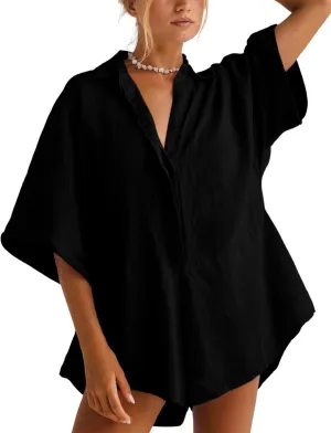 Women One Piece Jumpsuit V-Neck Half Button Collared Rompers Short Sleeve Onesie Playsuit Loose Overalls for Summer