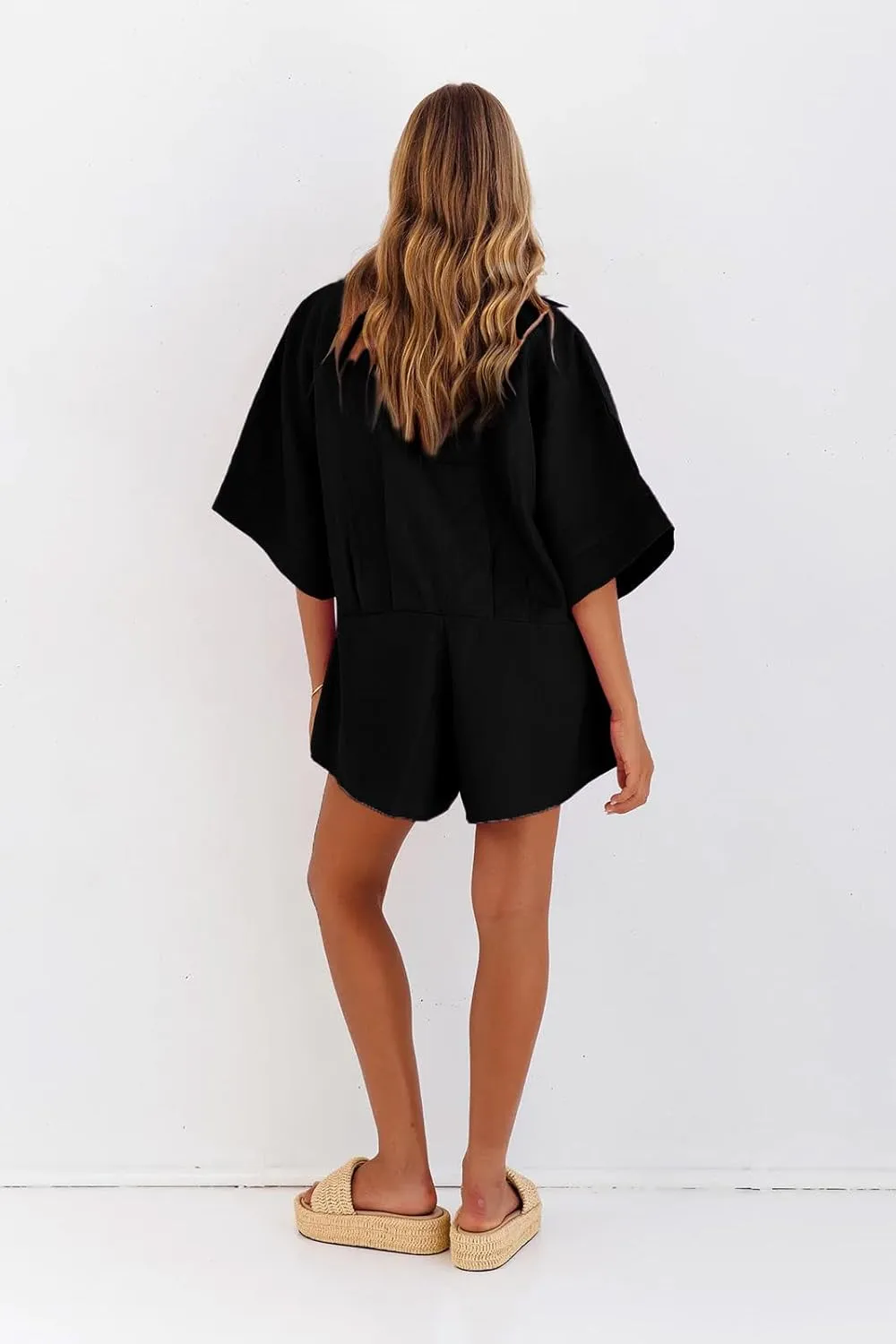 Women One Piece Jumpsuit V-Neck Half Button Collared Rompers Short Sleeve Onesie Playsuit Loose Overalls for Summer