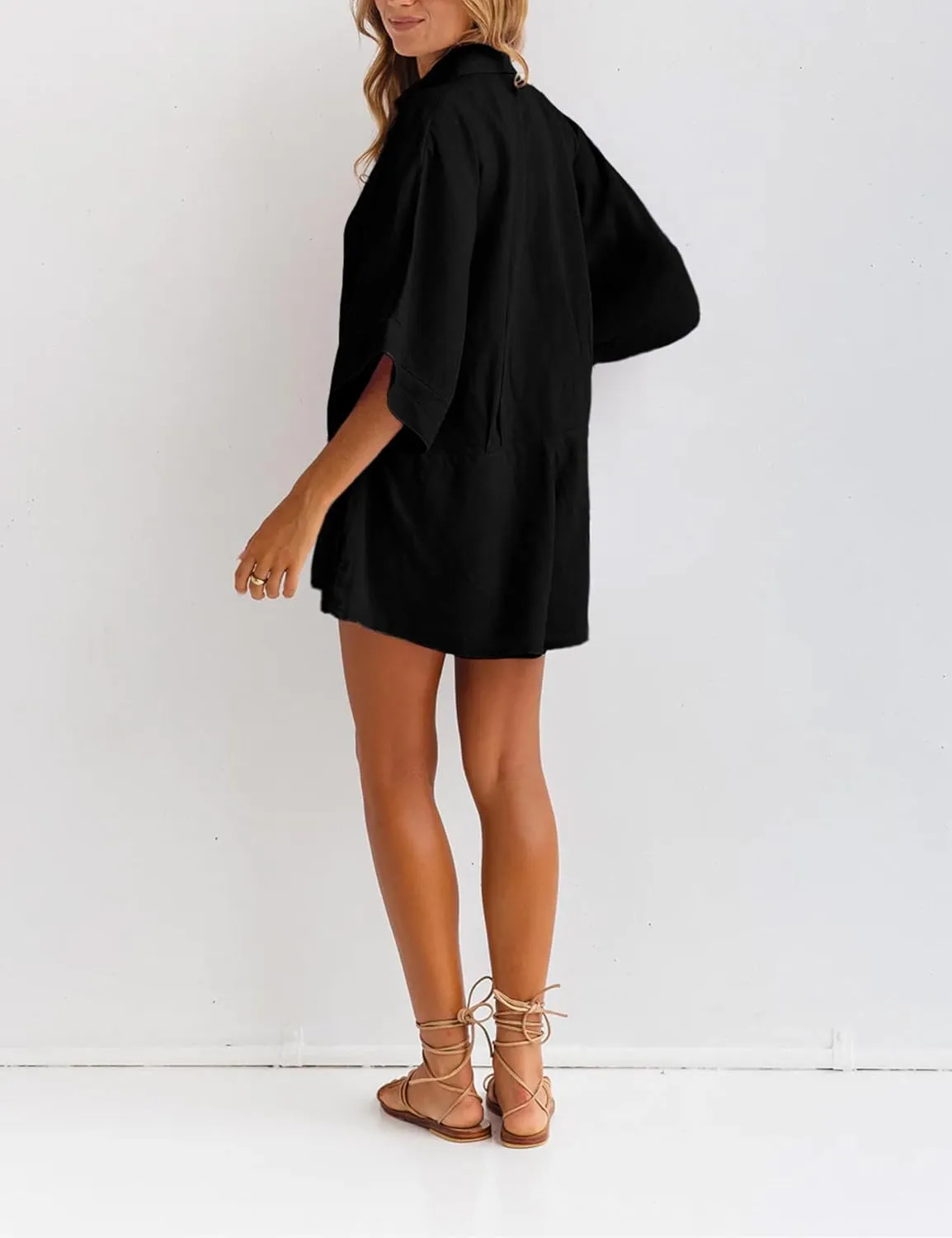 Women One Piece Jumpsuit V-Neck Half Button Collared Rompers Short Sleeve Onesie Playsuit Loose Overalls for Summer