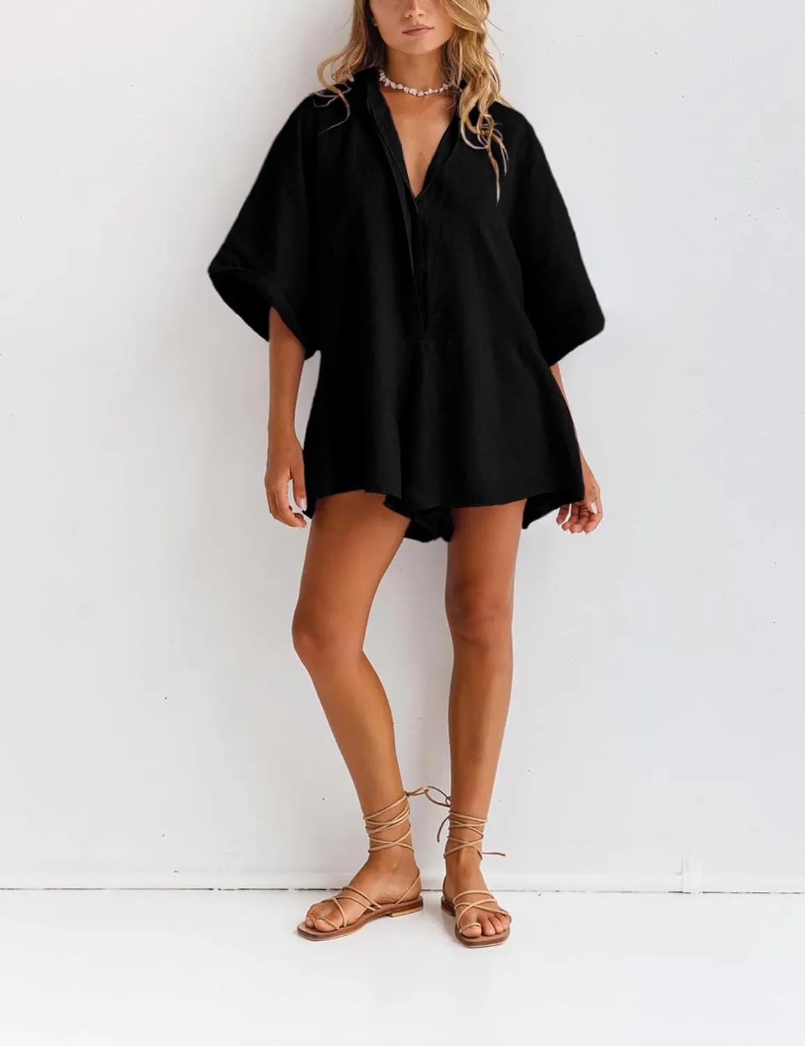 Women One Piece Jumpsuit V-Neck Half Button Collared Rompers Short Sleeve Onesie Playsuit Loose Overalls for Summer