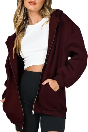 Women Oversized Zip Up Hoodies Sweatshirts Clothes Teen Girl Casual Drawstring Jackets with Pockets