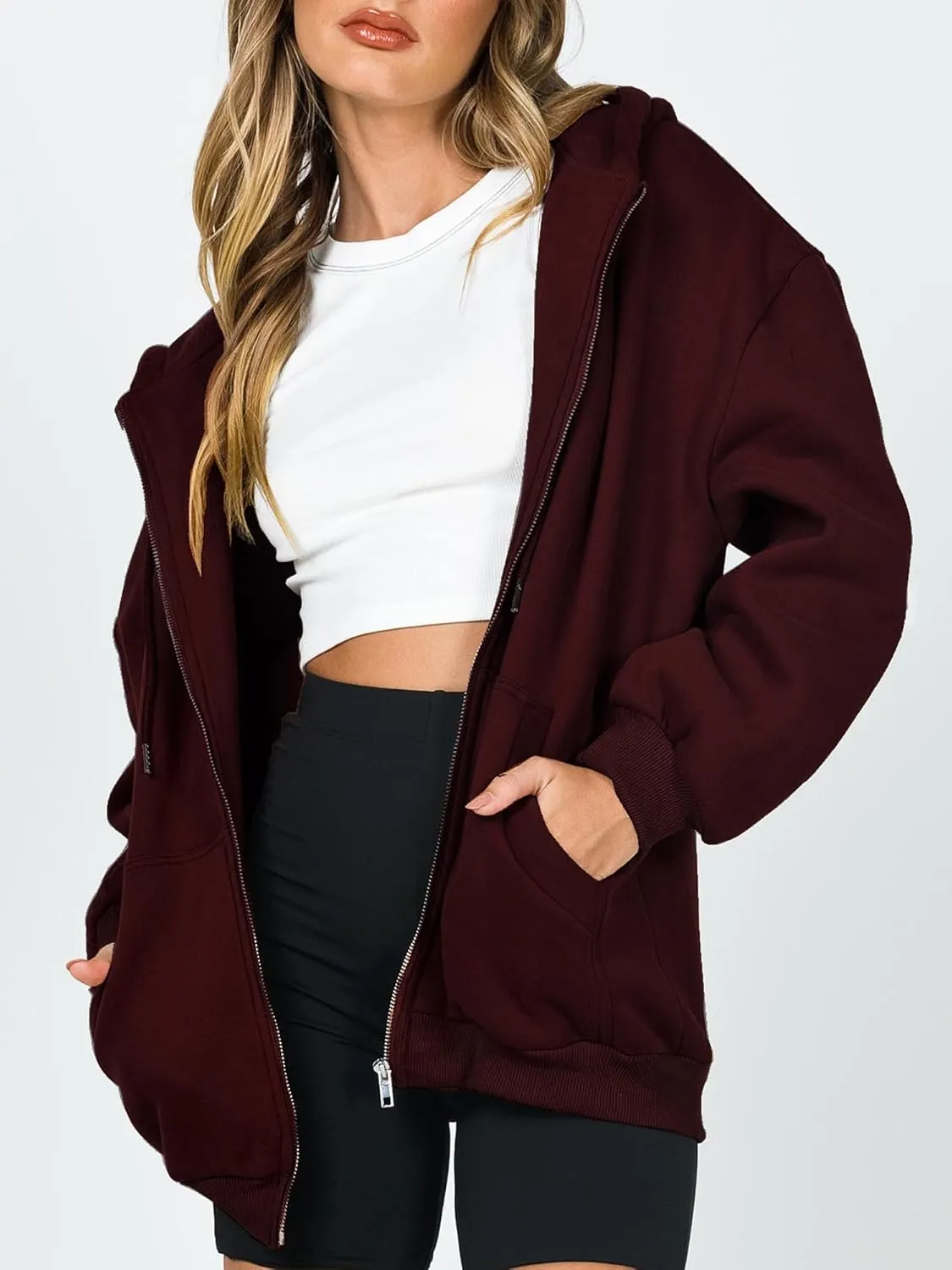 Women Oversized Zip Up Hoodies Sweatshirts Clothes Teen Girl Casual Drawstring Jackets with Pockets