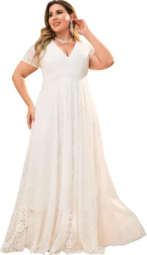 Women Plus Size Floral Lace V-Neck Short Sleeve Long Maxi Dresses